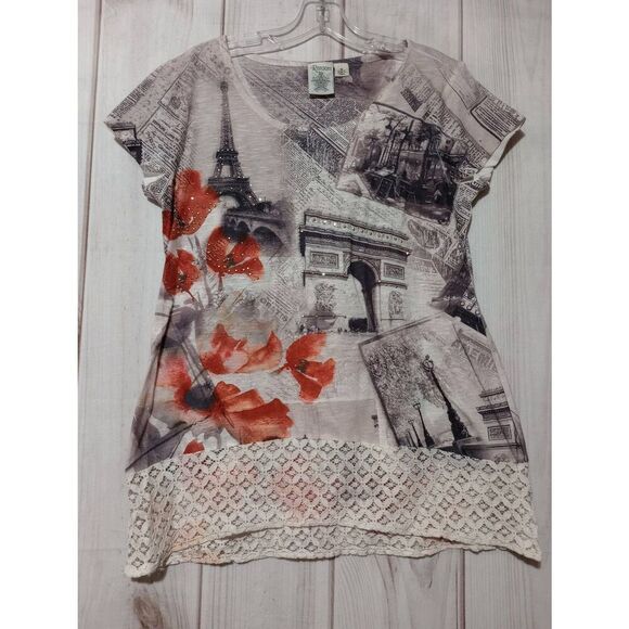Ransom Shirt Ladies Medium Gray Red Floral Short Sleeve Paris Embellished Lace T - Picture 1 of 7
